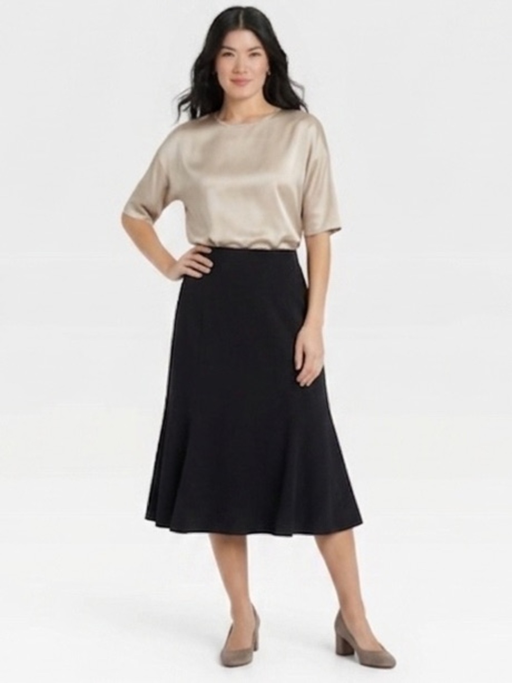 Chaps NEW Tulip Midi Skirt A Line Stretch Preppy Minimalist Zip 10 Luxury Black